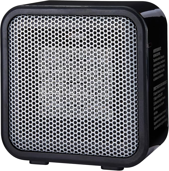 Amazon Basics Ceramic Space Heater, Mini Heater for Office Desk, Portable Tent Heater for Camping (Indoor Use), 500 W, With Tip-Over Protection, Lightweight (1.4 LBS), Black, 5.87”D x 3.15”W x 5.95”H