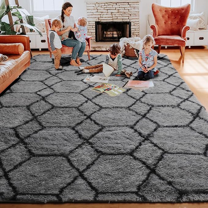 5x7 Area Rugs for Living Room Bedroom, Fluffy Grey and Black Geometric Rug | - Image 8