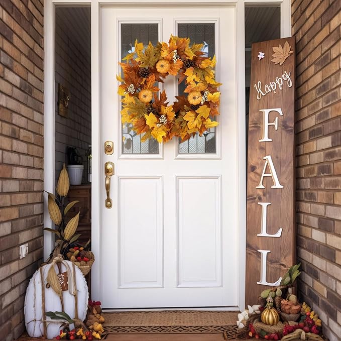 Fall Wreaths for Front Door Outside Autumn Wreath with Lights Berries Pine Cones Fall Decorations for Home Decor Pumpkin Wreath for Farmhouse Holiday Thanksgiving Harvest Halloween Outdoor