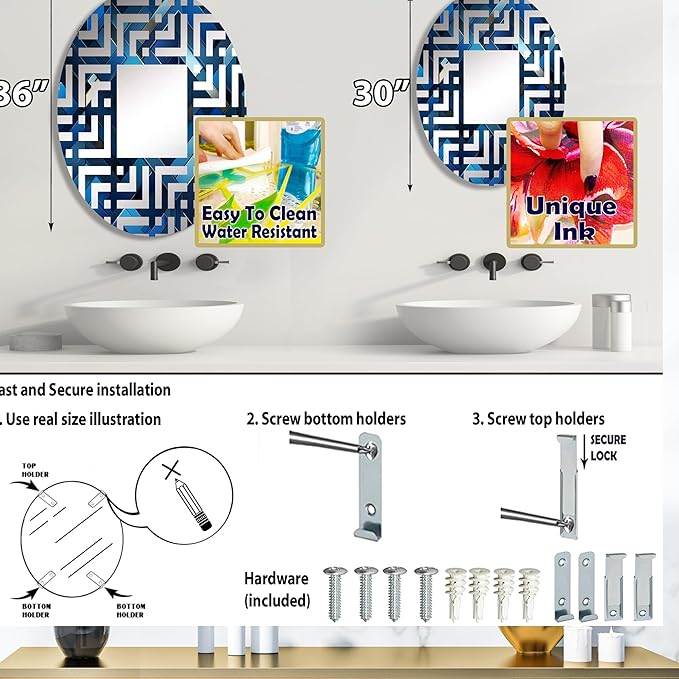 Symmetric Cubes in Deep Cobalt Blue - Geometric Maze - 20x30 Inches - Oval Decorative Wall Mirror for Bathroom, Bedroom, Entryway, Living Room, Vanity Room and Modern Décor