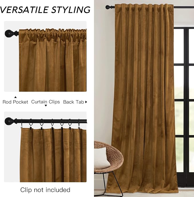 RYB HOME Gold Brown Velvet Curtains, Light Blocking, Energy Saving, Vintage - Image 3