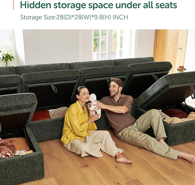 HONBAY Modular Sectional Sofa with Storage Seats, L Shaped Sectional Couch with Storage, Chenille Sectional Couches for Living Room, Green
