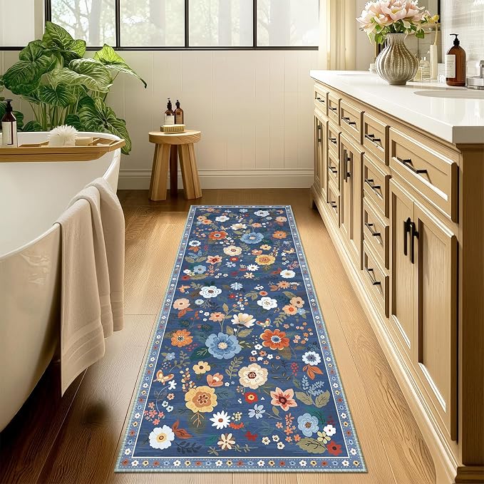 Floral Washable 2x8 Area Rugs Runner Entryway Hallway Blue/Grey | Flower Carpet - Image 8