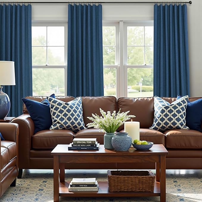 Navy Blue Black Out Curtains 63 Inch Long 2 Panel Burg Linen Textured Thermal - Image 7