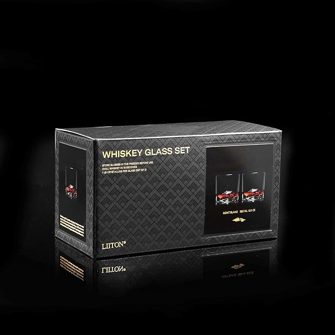 Mont Blanc Heavy Crystal Whiskey Glasses Gift Set of 2, Thick Freezable Bourbon Glass 1lb Each, Premium Whiskey Gifts for Men, Frozen Crystal Chills Cocktails, 10 oz
