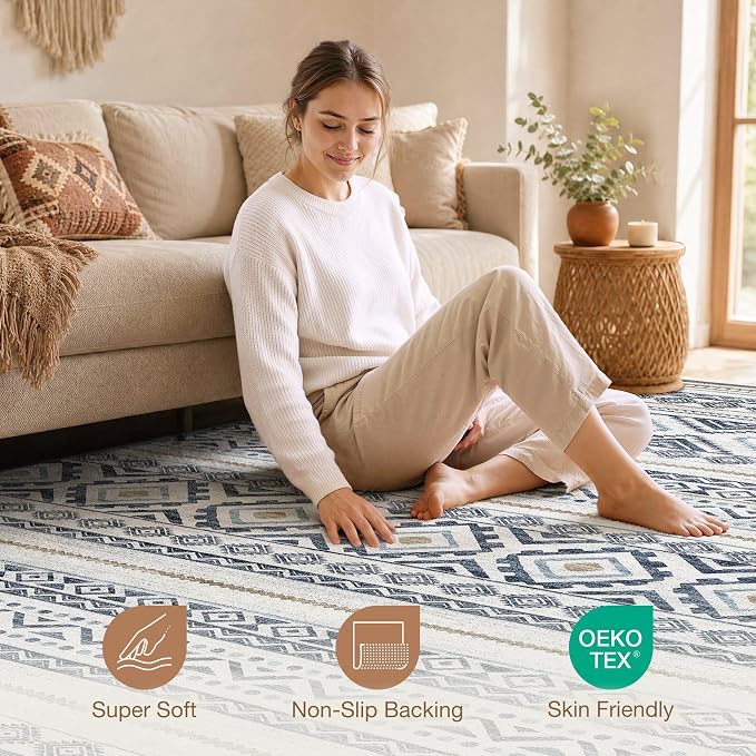 cotiled Boho 7x10 Area Rug for Living Room: Large Moroccan Washable Rug | Solve - Image 3