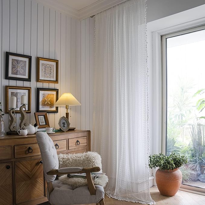Sutuo Home Boho Curtains 120 inches for Bedroom Living Room Patio Doorway, Crochet Lace Sheer Bohemian Extra Long with Tassels,Window Treatment Drape, Single 1 Panel 59" W x 120" L, White
