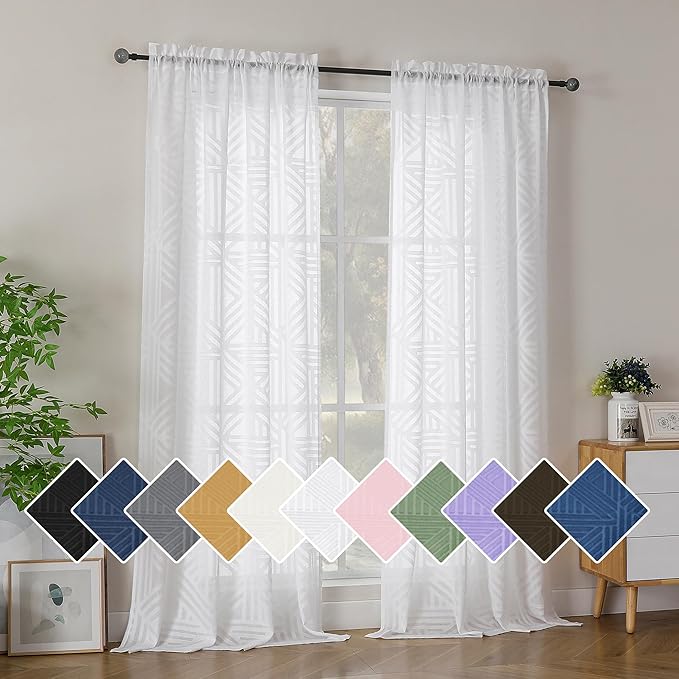 Simplebrand Semi Sheer White Curtains 96 Inches Long 2 Panels, Light Filtering by Simplebrand