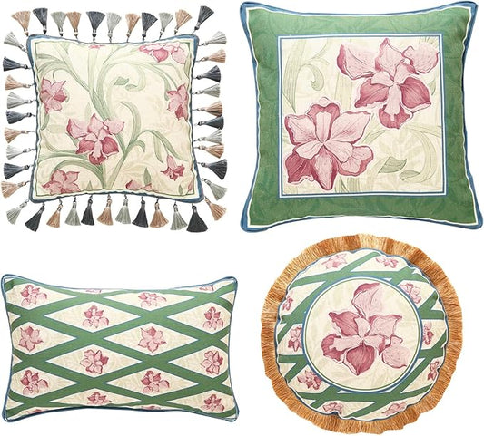 patdrea Designer Throw Pillow Covers Set of 4,French Elegant Green Linen with Iris Floral Collection Pattern Pillow Covers,Decorative Lumbar Square Round Pillowcases Cushion for Bed Living Room