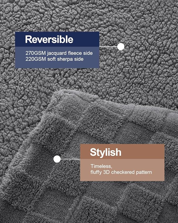 Pawque Super Soft Cozy Throw Blanket Twin Size for Couch Bed, Fluffy Sherpa Fleece Reversible Thick Warm Fuzzy Blanket for All-Season, 3D Checkered Jacquard Decorative Blankets, Grey, 60" x 80"