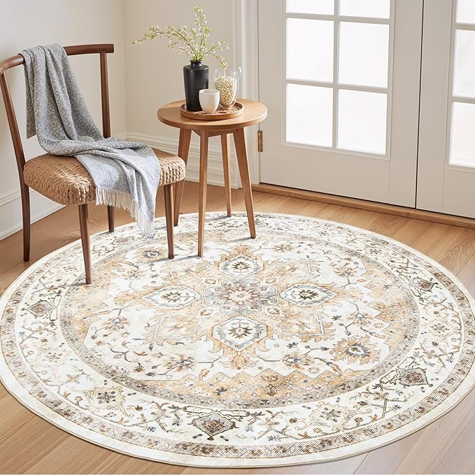 AMADA HOMEFURNISHING Round 4ft Area Rugs, Low-Profile Washable Rug by AMADAHOMEFURNISHING