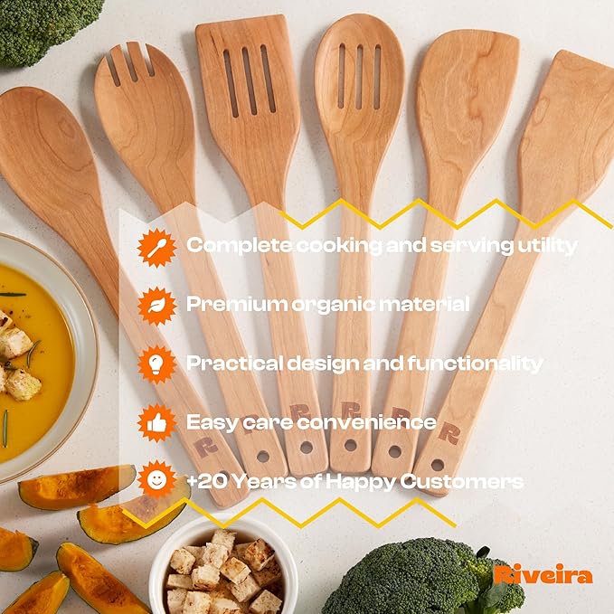 Riveira Cherry Wooden Spoons for Cooking Set of 6 – Natural Cherry Wooden Cooking Utensils, Wooden Spatula, Wooden Spoon - Premium Quality Wooden Utensil Set for Non-Toxic Cooking