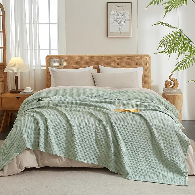 PHF Ultra Soft Waffle Weave Throw Blanket 50"x 60"- Washed Lightweight Breathable Cozy Woven Blanket for Bed - Aesthetic Decor for Couch Bedding Sofa Home Car - Sage Green/Mint Green
