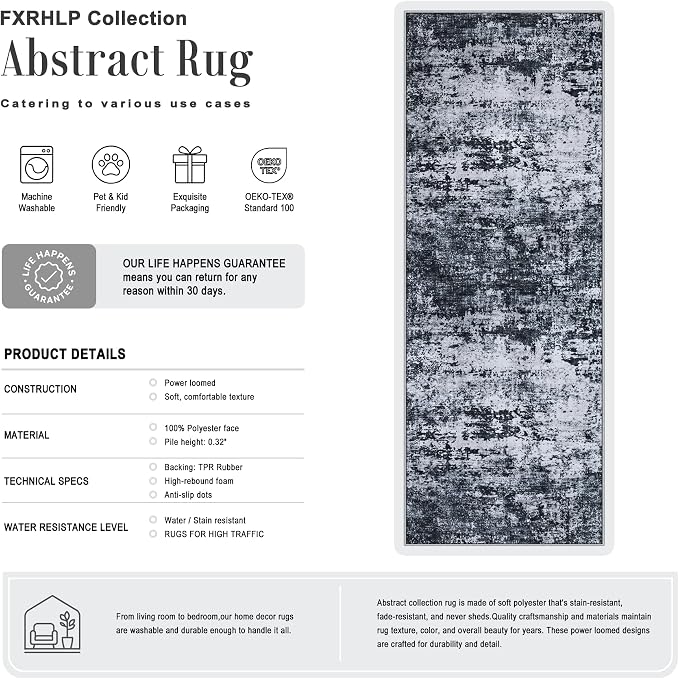 2.6x10 Washable Runner Rug:Modern Abstract Indoor Carpet Black | - Image 2