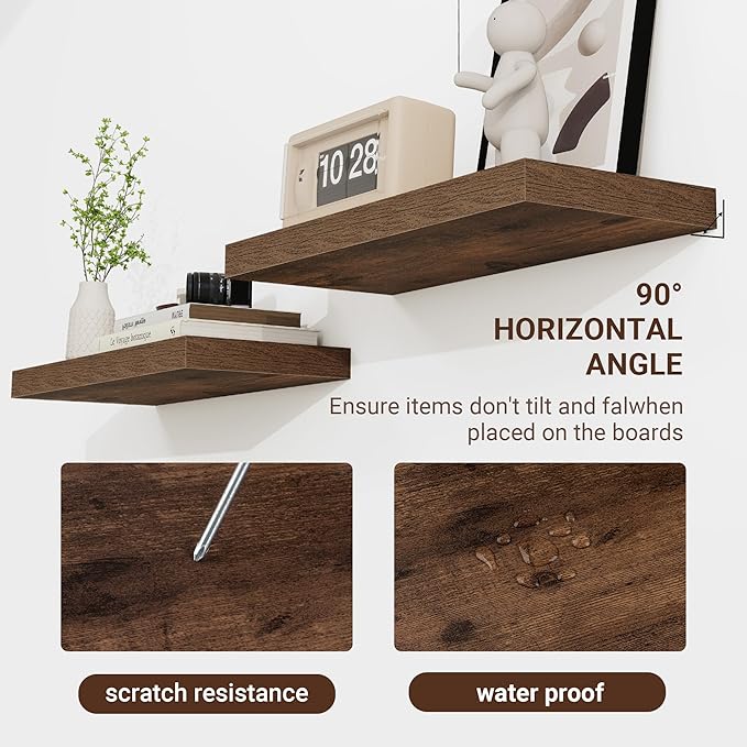 16 Inch Floating Shelves, 16"x9.25"x1.5" Inch Deep Floating Shelves for Wall, Wooden Shelves for Bathroom, Bedroom, Living Room, Brown