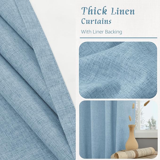 Stone Blue 100% Blackout Linen Living Room Curtains 84 Inch 2 Panels | Linen - Image 8