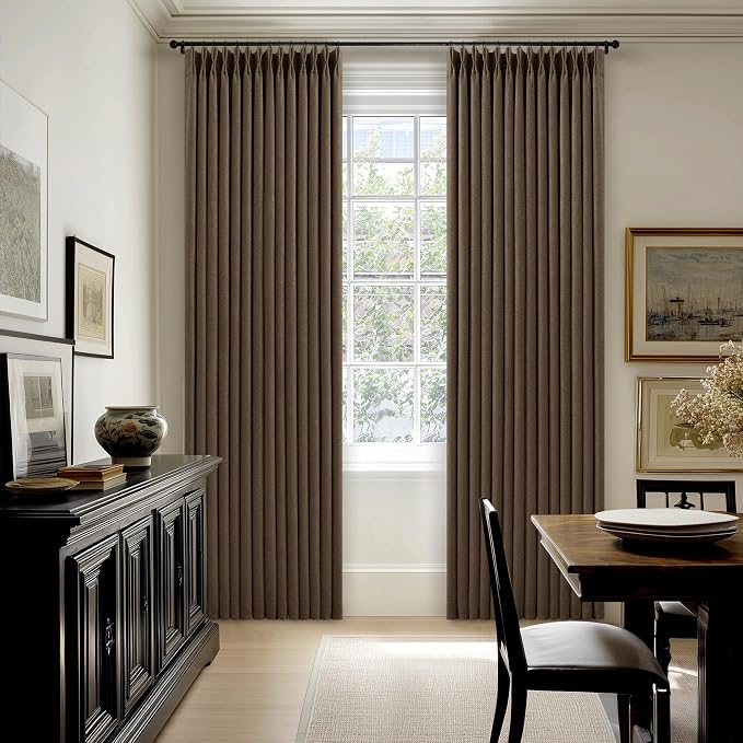 Thick Linen Pleated Brown Blackout Double Layer Curtains 90 Inches Long | Room - Image 7