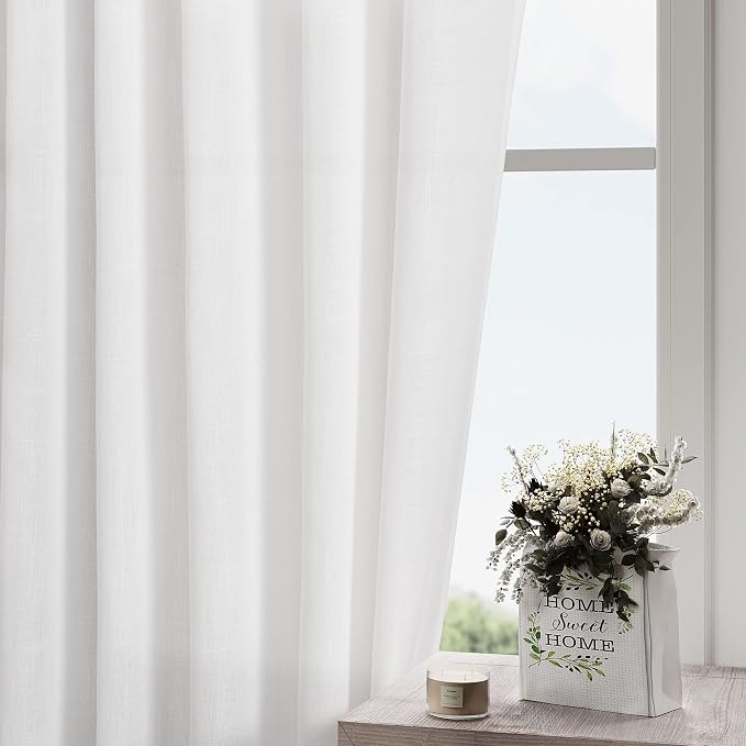 White Linen Curtains 64 Inches Long 2 Panels Set Back Tab Rod Pocket Semi Sheer - Image 2