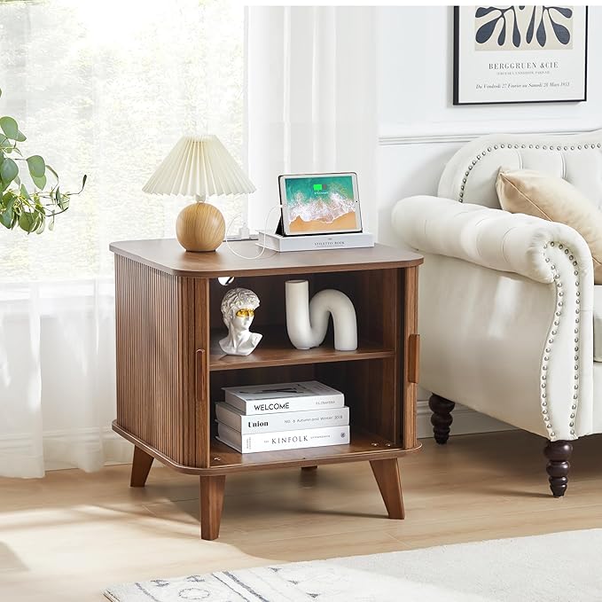 AVZEAR 24" Large Square End Table with Charging Station, Farmhouse Fluted Sofa Side Table with Sliding Tambour Door & Storage, Curved Rustic Wood Nightstand for Living Room, Bedroom, Walnut