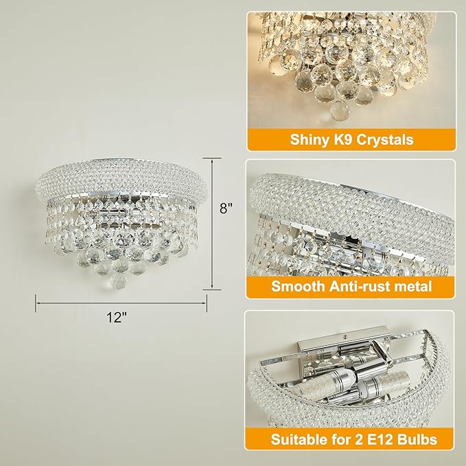 Empire Crystal Wall Sconces, Chrome Wall Light Fixtures, Luxury Wall Lamp for Living Room Bedroom Bathroom Bedside Hallway Stairway