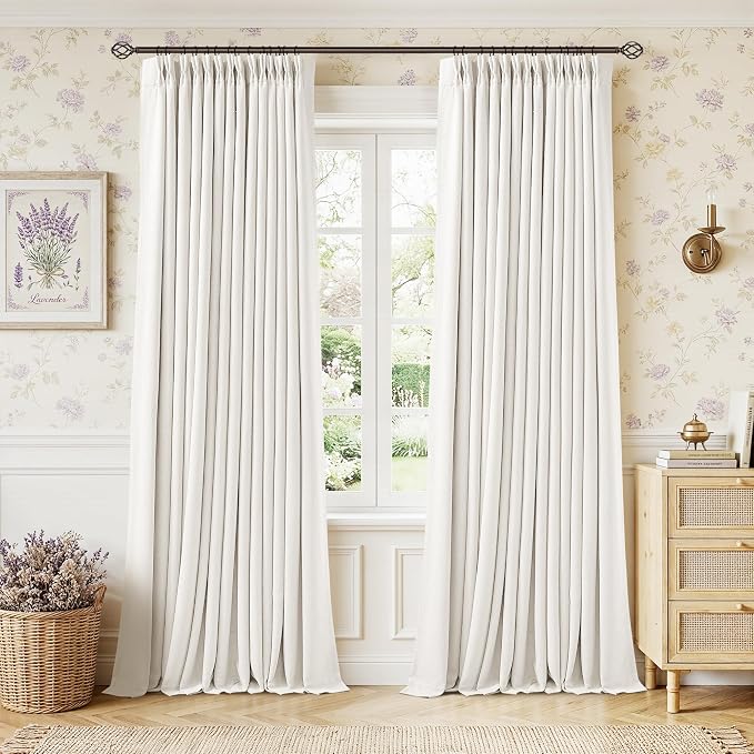 Pinch Pleated Blackout 108 Inch Bedroom Linen Curtains 2 Panels Ivory White | by Twodrapes