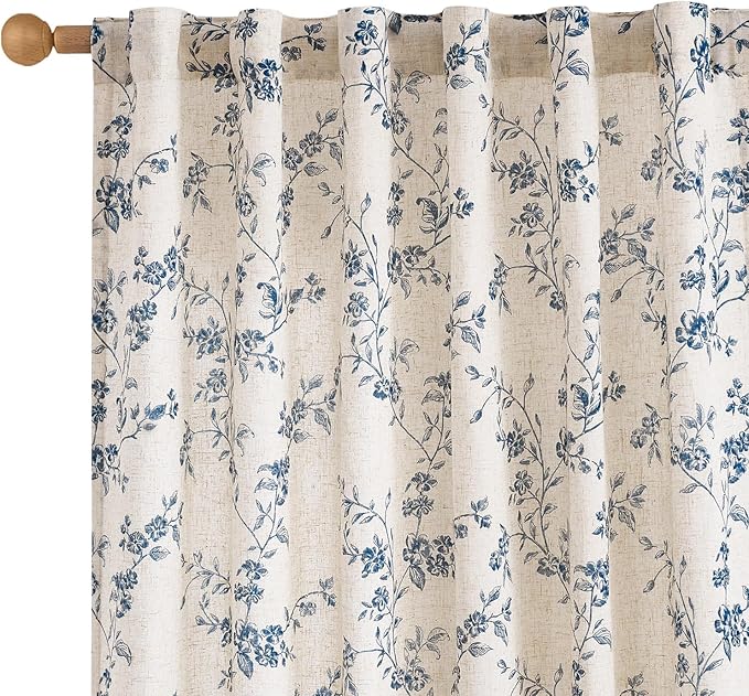 Lazzzy Farmhouse Linen Curtains Blue Floral Curtains 96 Inch Long Back Tab by Lazzzy