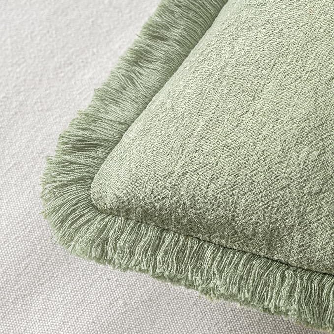 MIULEE Linen Fringe Decorative Euro Throw Pillow Covers Sage Green 22x22 | Set - Image 3