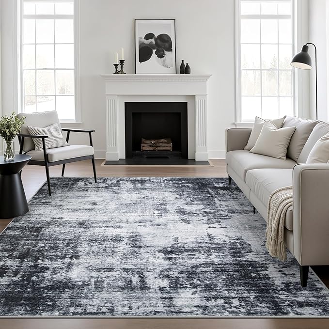 Area Rug Living Room: 5x5 Modern Washable Soft Carpet Dark Black | by FXRHLP