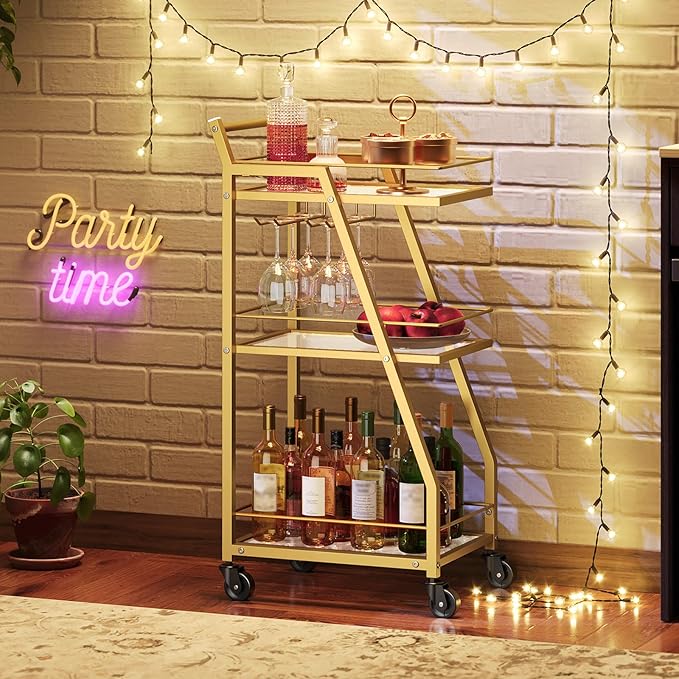 Bar Cart, 3-Tier Bar Cart for The Home, Home Bar Serving Cart with Glass Holders, Beverage Cart for Kitchen, Dining, Party Room, Gold BC03GD