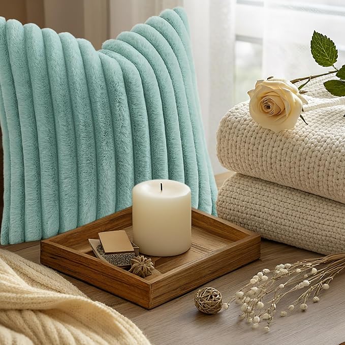 decorUhome Fall Faux Fur Throw Pillow Covers 16x16 Set of 2 Aqua | Decorative - Image 9