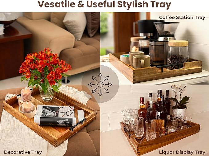 Acacia Wooden Ottoman Tray for Living Room – 21" Large Coffee Table Serving Tray with Handles & 6 Coasters Set, Perfect for Food, Drinks, Kitchen, and Home Decor