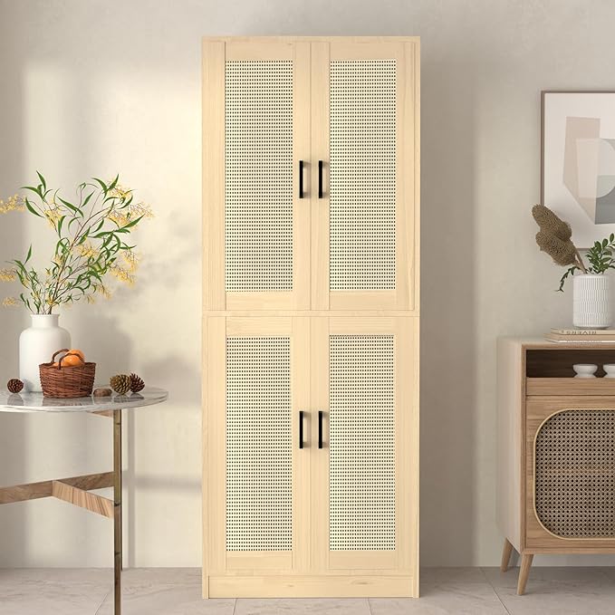Oak Rattan Kitchen Pantry, 71" Tall Storage Cabinet with Doors, Boho Hutch for Dining Room