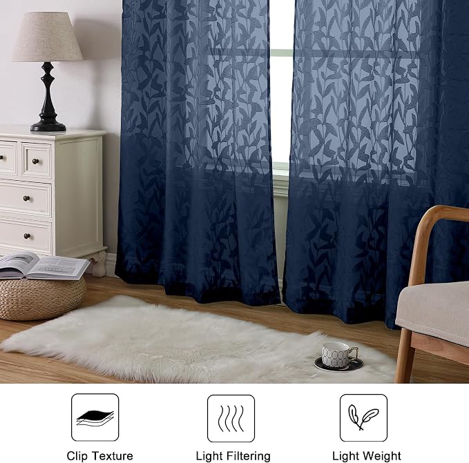 Lecloud Leia Navy Blue Sheer Curtains 96 Inches Long 2 Panels, Airy Leaf - Image 3