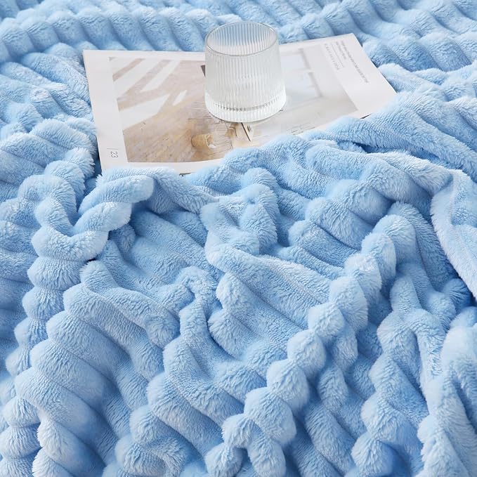 Light Blue Throw Blanket for Couch Sofa 60x80 inches Striped Design | Fleece - Image 5