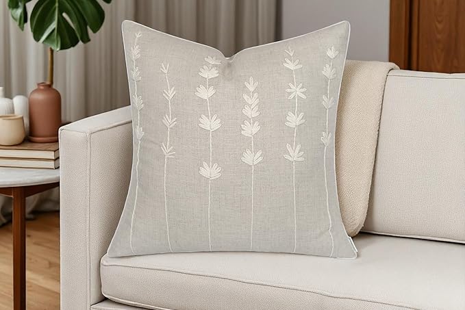 VAGMINE Hand Embroidered Daisy Accent Throw Pillow Cover - 20x20 Inches Square - 100% Linen Natural Decorative Cushion Cover for Couch, Sofa, Bed - Textured Embroidery - Boho Floral Home Décor