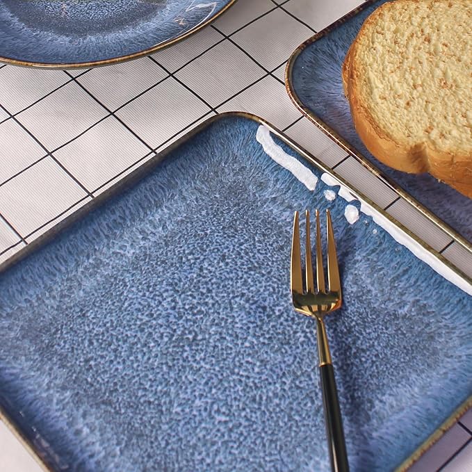 Ceramic Dinner Plates Dish Set, Set of 4, Microwave Oven and Dishwasher Safe, Scratch Resistant, Dinnerware Kitchen Porcelain Serving Dishes Blue, 9 inch Square plate