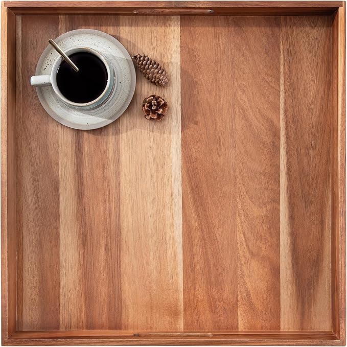 Large Ottoman Tray for Living Room, 20" Extra Large Tray for Ottoman Square Acacia Serving Trays with Handles for Coffee Table, Breakfast, Appetizers, Dinner