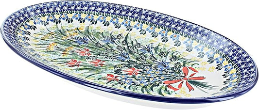 Blue Rose Polish Pottery Day Lily Bouquet Oval Platter