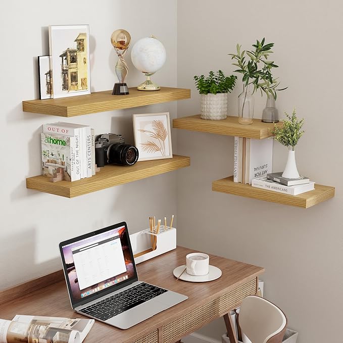 Fun Memories 16 Floating Shelves for Wall, 9 Inch Deep Floating Shelf for Bathroom, Rustic 16 x 9 Floating Shelf for Kitchen, Bedroom, Wide Wooden Shelves Wall Mounted, Oak Color, Set of 2