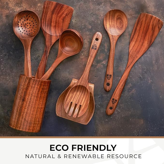 8 Pcs Teak Wooden Utensil Set with Holder, Spoon Rest & 6 Hooks - Durable Wooden Spoons for Cooking with Comfort Grip - Effortless Clean, Non-Stick Friendly