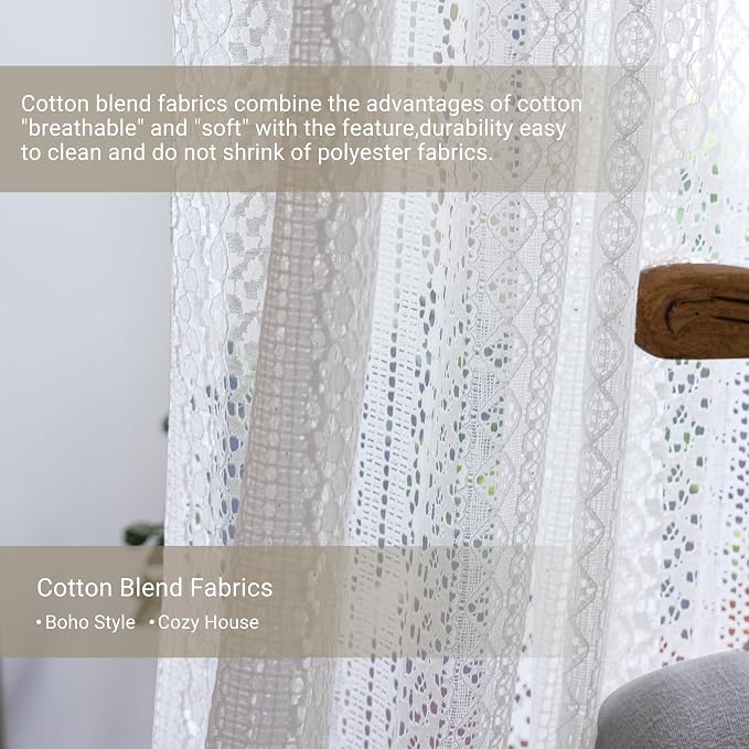 WAZZIO Boho Lace Curtains 84 Inches 2 Panel, Light Filtering Privacy Tassel & - Image 5