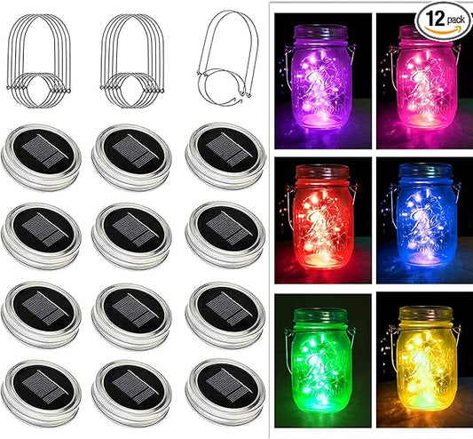 ZNYCYE Mason Jar Solar Lights for Outside, 12 Pack 30LED Fairy Firefly Lights Mason Jar Solar Lids Outdoor Waterproof String Lights with Hangers(NO Jars) for Patio Garden Yard Lawn Decor(6 Colors)