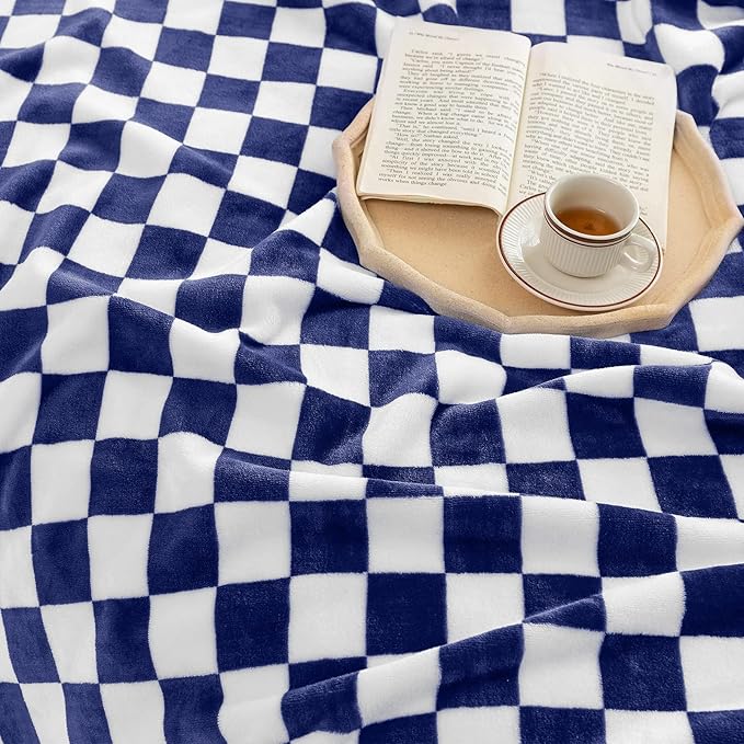 LOMAO Throw Blankets Flannel Blanket with Checkerboard Grid Pattern Soft Throw Blanket for Couch, Bed, Sofa Luxurious Warm and Cozy for All Seasons (Dark Blue, 60"x80")