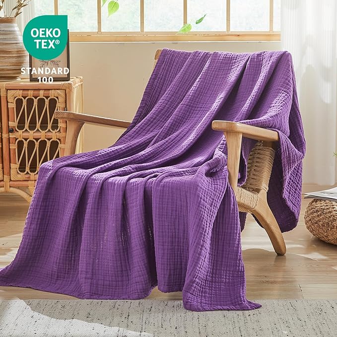 EMME Cotton Muslin Twin Blanket Breathable Gauze Blanket Soft Lightweight Blankets Adults Gifts for Women (Purple, 60"x80")