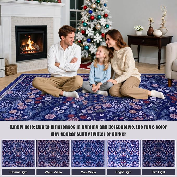 PLHXFR Area Rug 10x14 Living Room: Floral Washable Boho Soft Carpet Blue | - Image 9