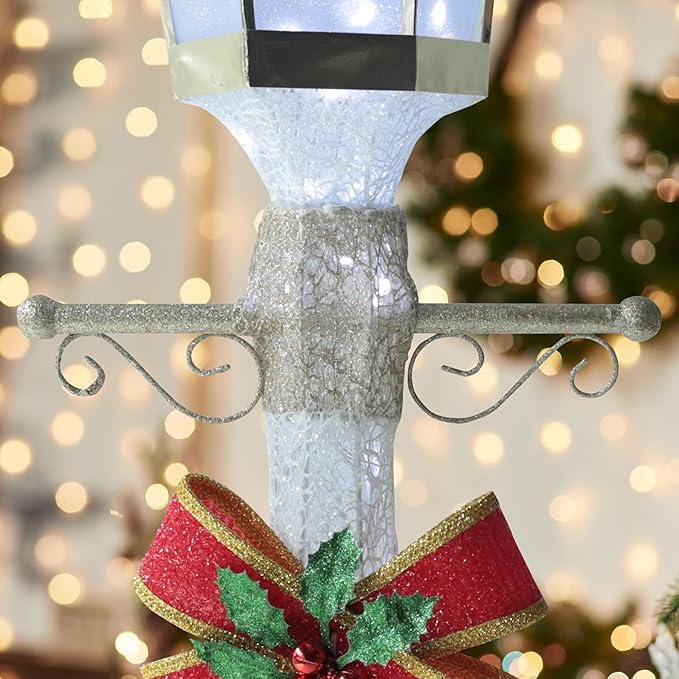 BlueWish 6FT Christmas Decorations Outdoor, Pre-Lit Lighted Xmas Decor with Removable Decorative Bow, Lighted Post Christmas Decoration with Waterproof Lights Cold White for Outdoor and Indoor