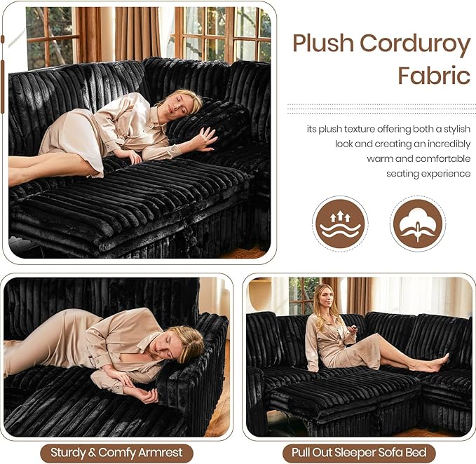 Belffin Oversized Sofa Bed Modular Sectional Sleeper Sofa with Pull Out Bed L Shaped Couch with Storage Chaise Black Couch