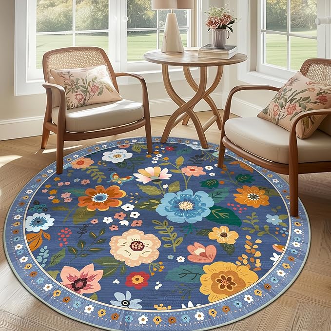 RELEANY Floral Washable Round 6ft Area Rug Blue/Grey | Flower Carpet Print Boho by RELEANY