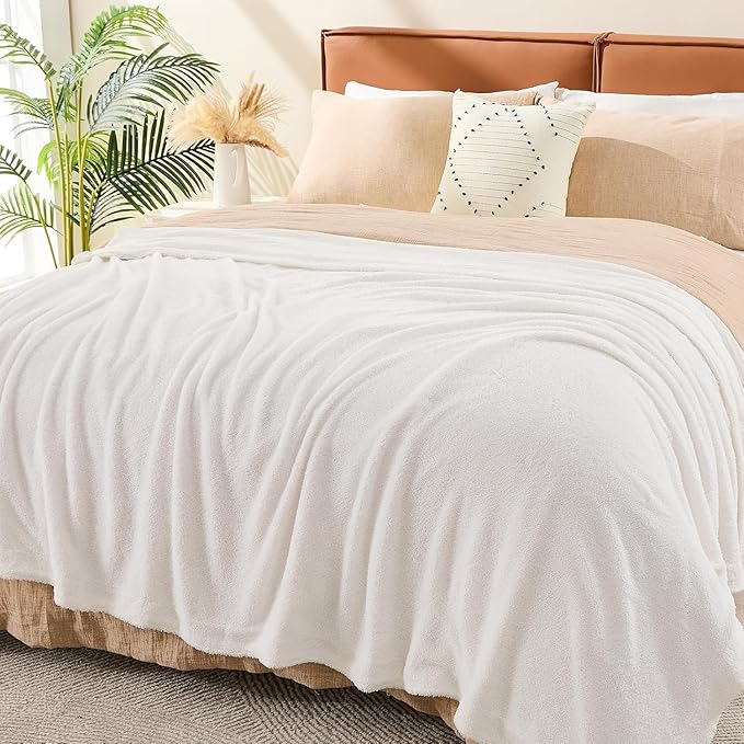 EMME Muslin and Fleece Twin Blanket Reversible - 60"*80" Cream Soft Warm Throw Blankets for Couch Bed Picnic Travel Bed