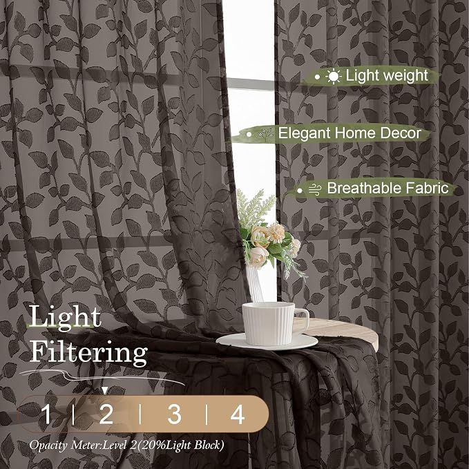 Chyhomenyc Chocolate Sheer Curtains 36 Inch Length, Light Filtering Leaf Tufted - Image 2